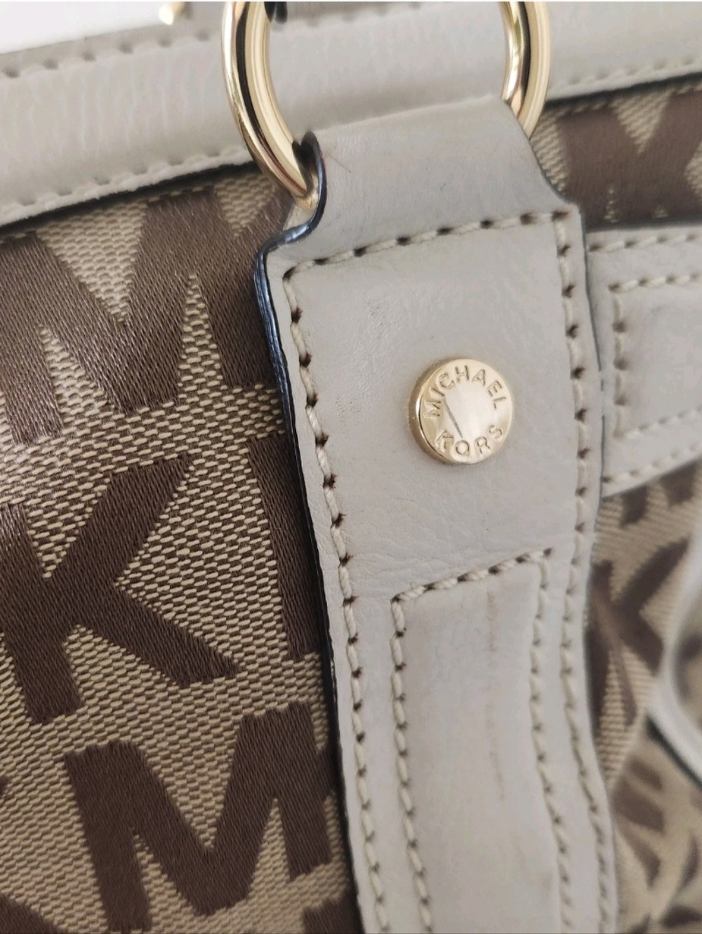 Michael Kors Cream & Brown MK Logo Satchel with Gold Hardware - Picture 13 of 16